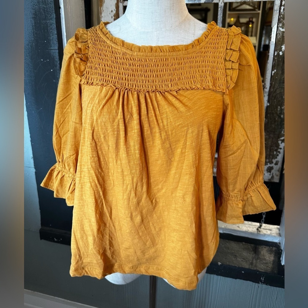 Anthropologie Smocked Puff Sleeve Peasant Knit Ruffle Top XS Goldenrod - Picture 2 of 9